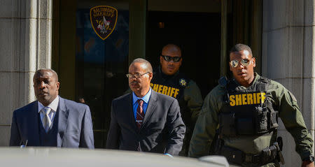 Officer Caesar Goodson leaves the courthouse following the first day of his trial in Baltimore, Maryland, U.S., June 9, 2016. REUTERS/Bryan Woolston