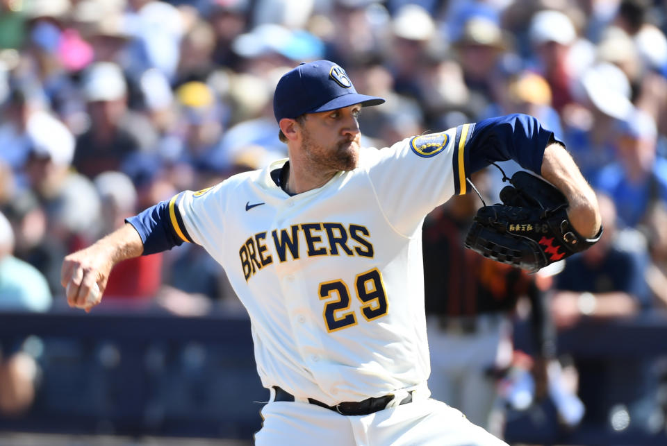 MARYVALE, ARIZONA - MARCH 06: Josh Lindblom #29 of the Milwaukee Brewers delivers a first inning pitch against the San Francisco Giants during a spring training game at American Family Fields of Phoenix on March 06, 2020 in Maryvale, Arizona. (Photo by Norm Hall/Getty Images)