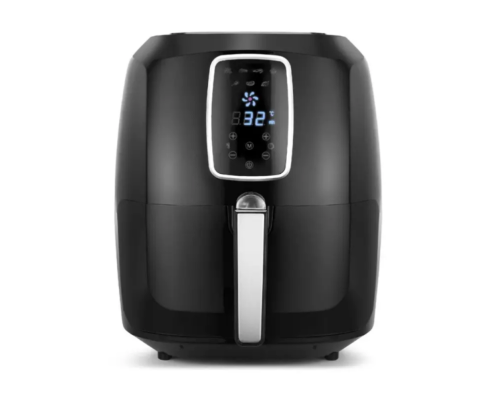Kogan's black Air Fryer with blue LED display against a white background.