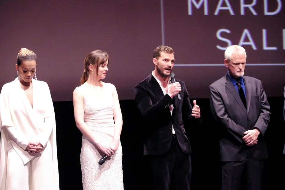 <p>Jamie Dornan and Dakota Johnson photographed for the Fifty Shade Freed Premiere on Feb 6, 2018 in Paris, France. (Photo by Olivier VIGERIE / Contour by Getty Images) </p>