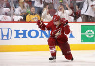 GLENDALE, AZ - APRIL 27: Rostislav Klesla #16 of the Phoenix Coyotes celebrates after scoring a second period goal against the Nashville Predators in Game One of the Western Conference Semifinals during the 2012 NHL Stanley Cup Playoffs at Jobing.com Arena on April 27, 2012 in Glendale, Arizona. (Photo by Christian Petersen/Getty Images)