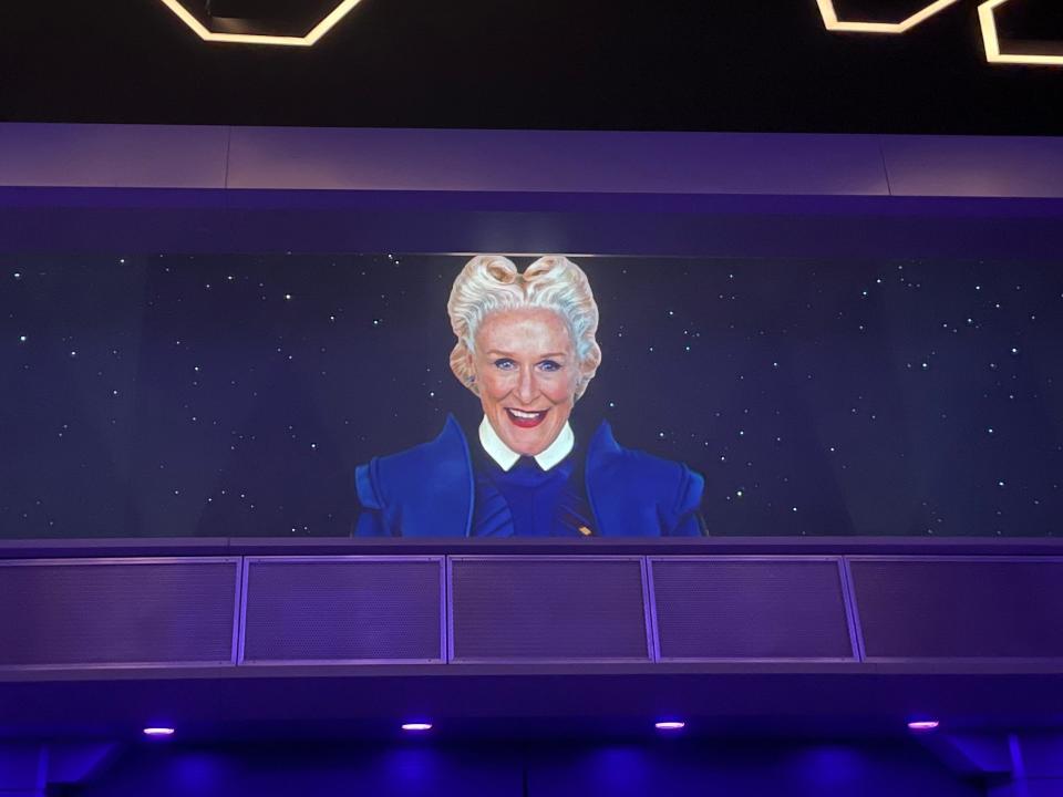 glenn close in the preshow for guardians of the galaxy cosmic rewind disney world