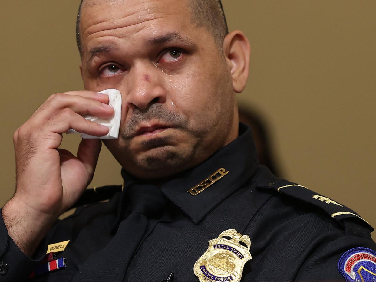 Aquilino Gonell shares his tearful testimony  (POOL/AFP via Getty Images)