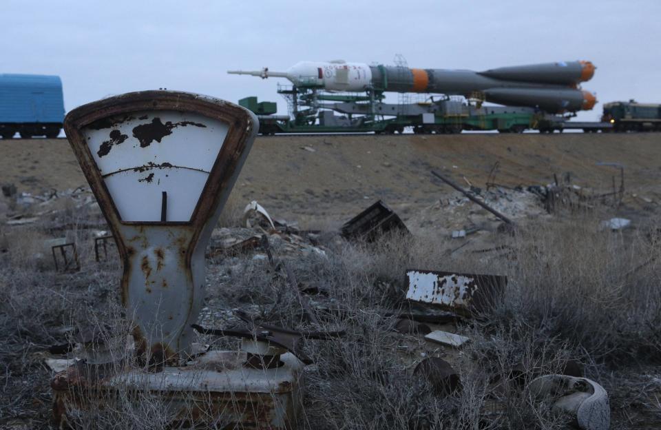 The Soyuz TMA-12M spacecraft is transported to its launch pad at the Baikonur cosmodrome