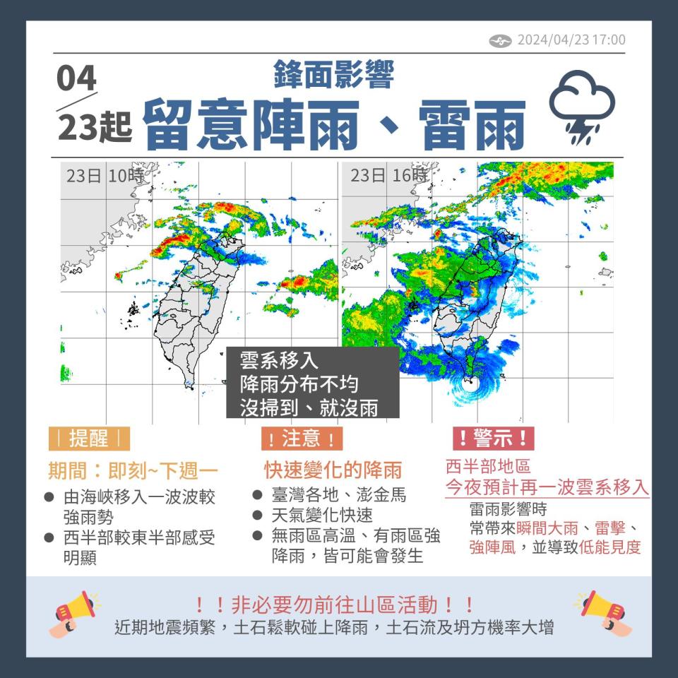 <strong>今（23）日起留意陣雨、雷雨。（圖／氣象署提供）</strong>