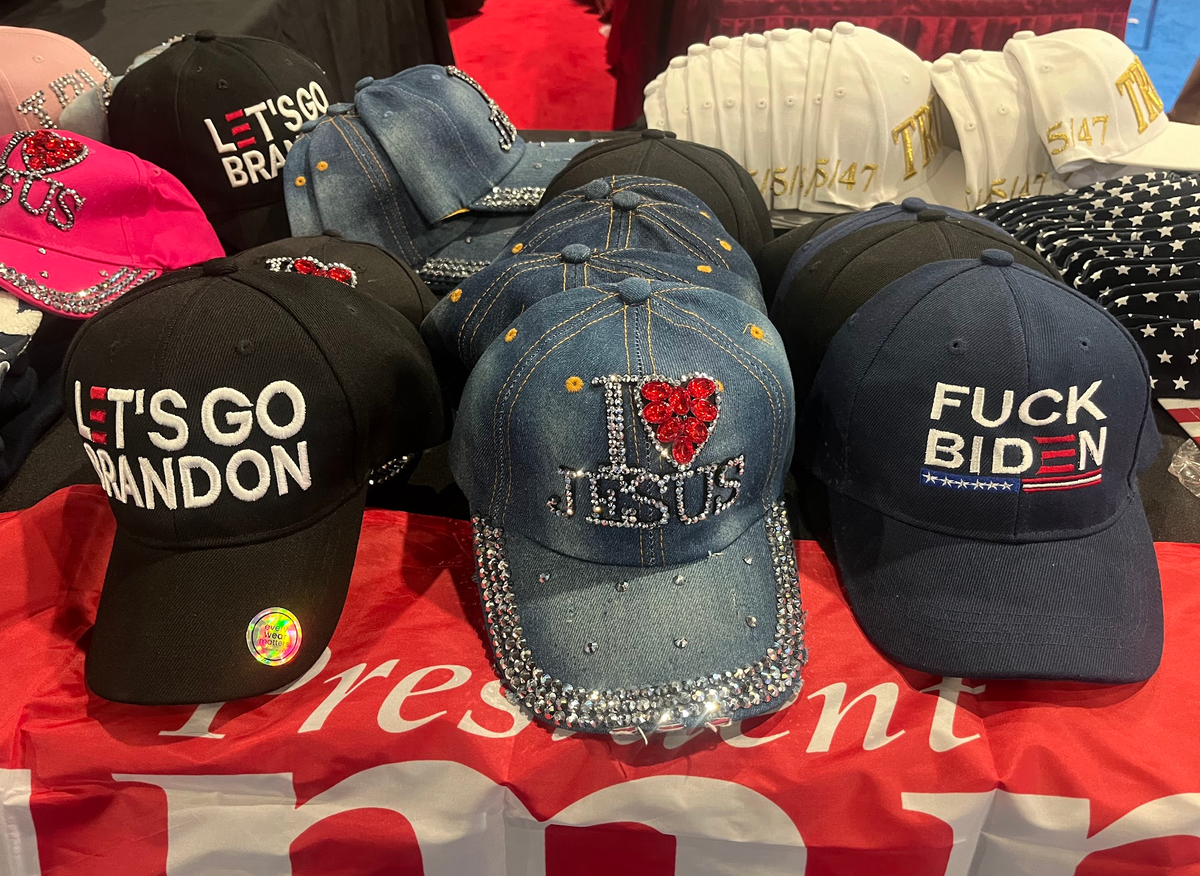 Rhinestone hats for those who love Jesus and hate Joe Biden were available at CPAC (Gustaf Kilander / The Independent)