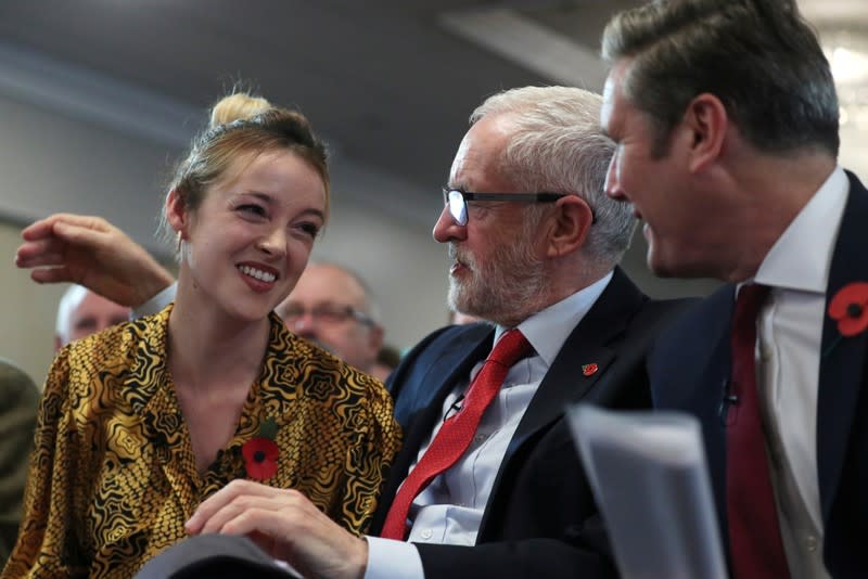 Britain's opposition Labour Party leader Jeremy Corbyn, Shadow Brexit Secretary Keir Starmer and Labour Party candidate for Halrow Laura McAlpine attend a general election campaign meeting in Harlow
