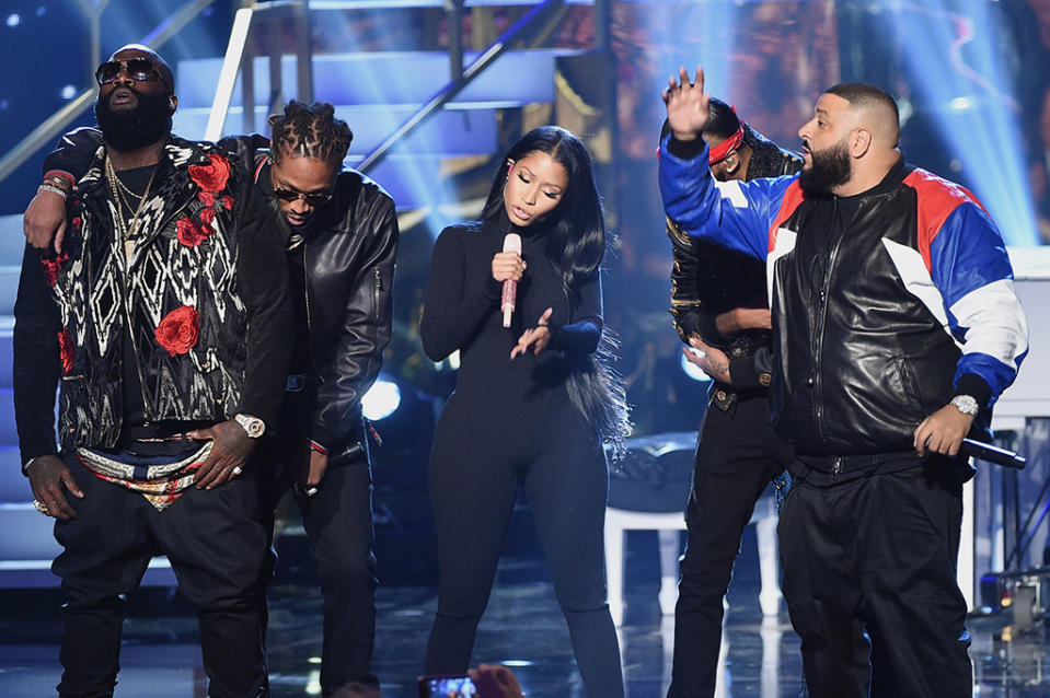 (L-R) Rick Ross, Future, Nicki Minaj, August Alsina and DJ Khaled perform onstage during the 2016 American Music Awards at Microsoft Theater on November 20, 2016 in Los Angeles, California. (Photo by Kevin Winter/Getty Images)