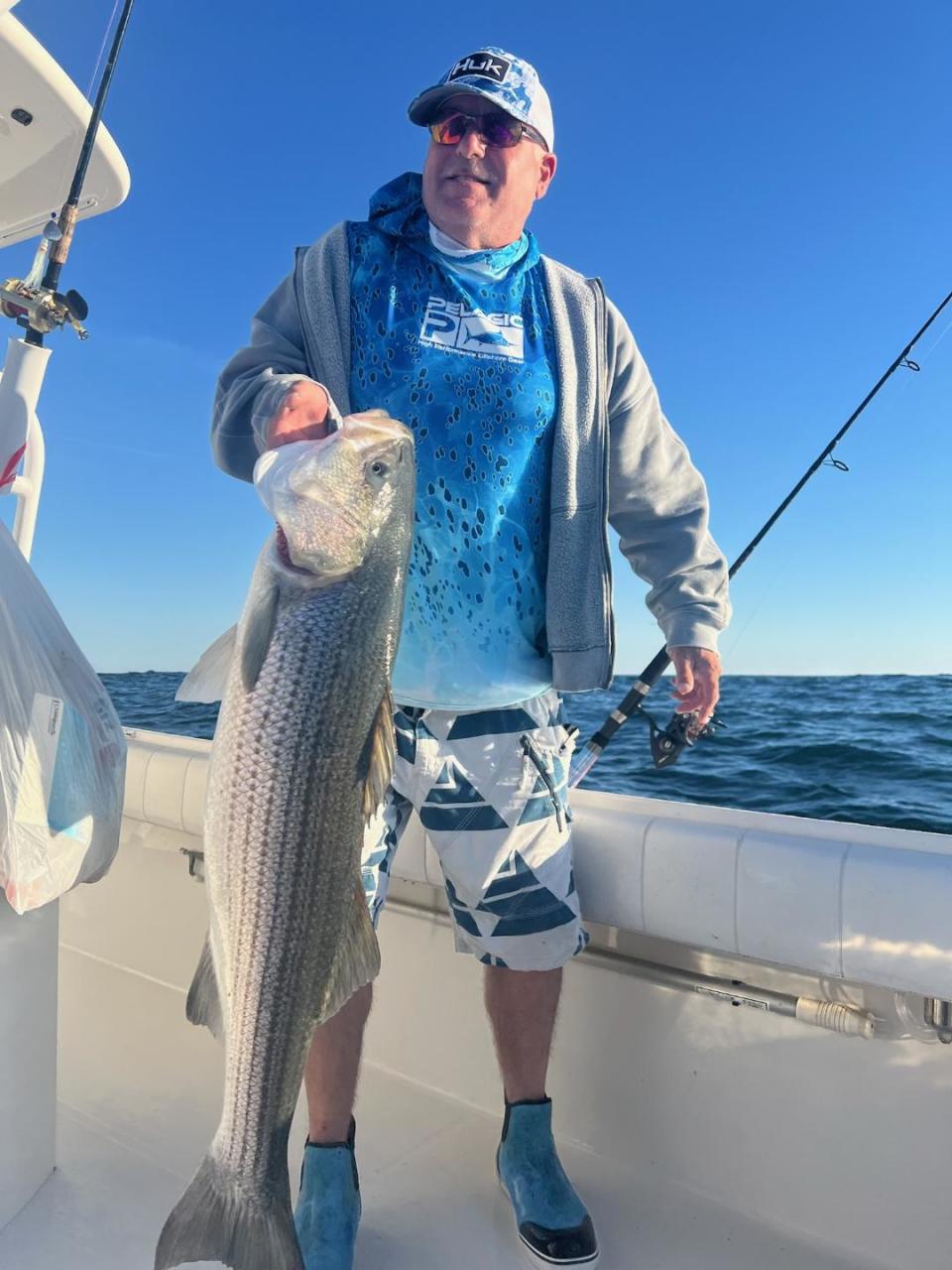 Peter Johnson of Connecticut caught a striped bass while fluke fishing at Block Island.  “I caught it on 15-pound braid line as I was set up to catch fluke [summer flounder],” he said.