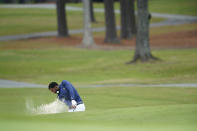 North Carolina A&T's J.R. Smith hits from a bunker on the 17th hole during the first round of the Phoenix Invitational golf tournament in Burlington, N.C., Monday, Oct. 11, 2021. Smith, who spent 16 years in the NBA made his college golfing debut in the tournament hosted by Elon. (AP Photo/Gerry Broome)