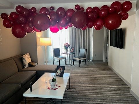 The Kansas City Marriott downtown decorated the couple's room in the theme of ruby for their 40th anniversary