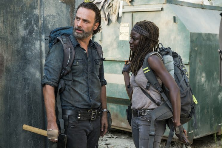 Andrew Lincoln as Rick Grimes and Danai Gurira as Michonne (Credit: Gene Page/AMC)