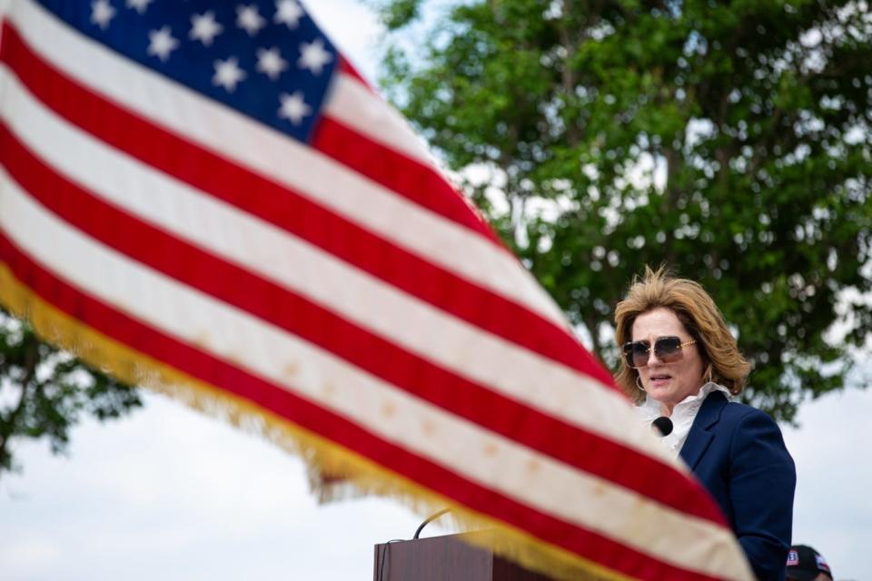Connie Scott, the Nueces County judge, speaks at a ground breaking ceremony for an expansion of the Coastal Bend State Veterans Cemetery on Friday, Sept. 22, 2023, in Corpus Christi, Texas.