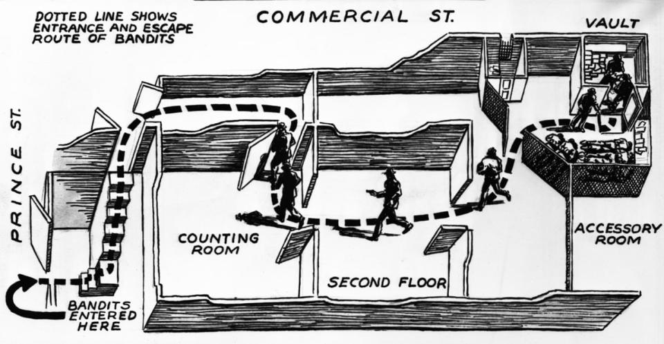 <div class="inline-image__caption"><p>An artist's diagram of offices of the Brink's showing how seven masked gunmen entered the building and confronted five employees and made away with $1,500,000.</p></div> <div class="inline-image__credit">Bettmann Archive/Getty Images</div>