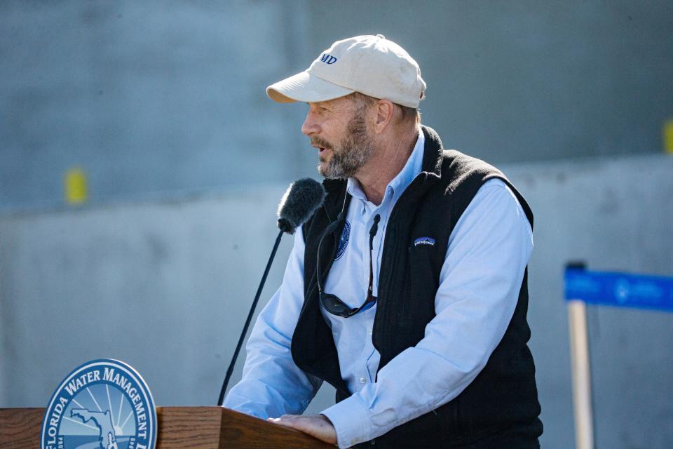 Chauncey Goss, Board Chairman for the South Florida Water Management District speak at a ribbon cutting ceremony for the huge pump station of the C-43 reservoir in Hendry County on Tuesday, Dec. 19, 2023.