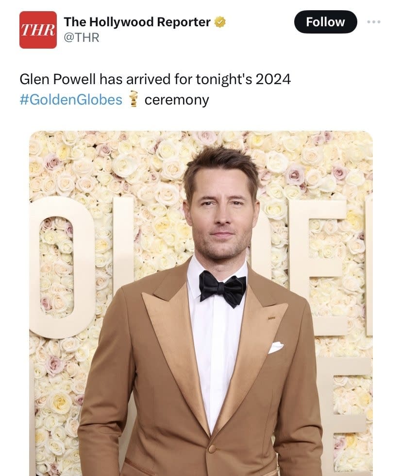 A tweet calling Justin Hartley Glen Powell