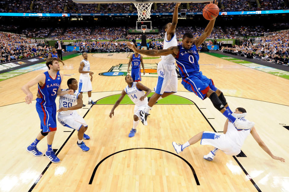 Thomas Robinson #0 of the Kansas Jayhawks lays the ball up against the Kentucky Wildcats in the National Championship Game of the 2012 NCAA Division I Men's Basketball Tournament at the Mercedes-Benz Superdome on April 2, 2012 in New Orleans, Louisiana. (Photo by Pool/Getty Images)