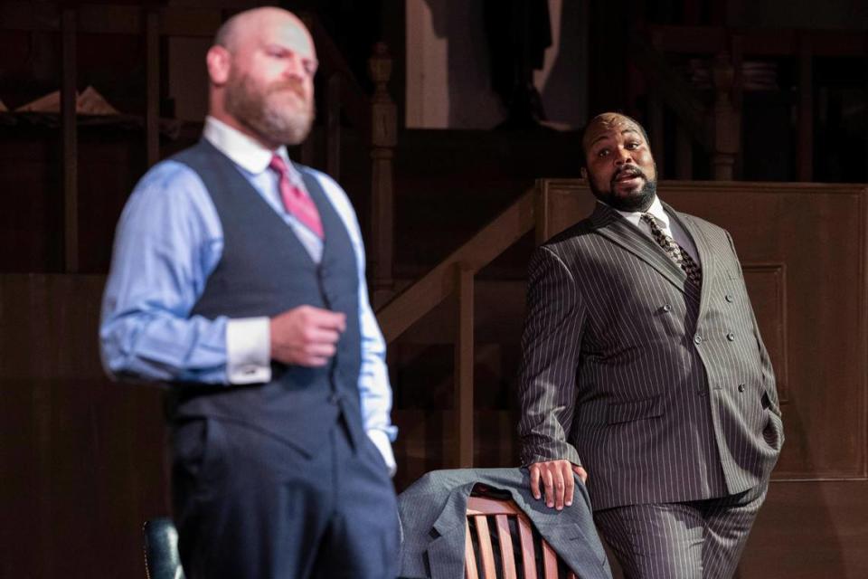 Terrance Henderson, playing Ambrose Gonzales, rehearses a scene from Composure, a play by Jason Stokes, at Trustus Theatre on Tuesday, August 9, 2022. Composure is about the murder of The State newspaper founder Narcisco Gener Gonzales.