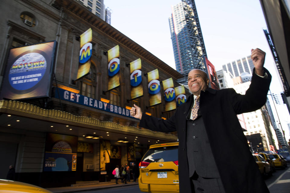 This March 5, 2013 photo shows Berry Gordy posing for a portrait in front of the Lunt-Fontanne Theatre in New York. For Berry Gordy, conquering Broadway is the next - and by his own admission, last - major milestone of a magical, musical career. The 83-year-old Motown Records founder is taking his story and that of his legendary label to the Great White Way. "Motown: The Musical," opens for previews Monday. (Photo by Charles Sykes/Invision/AP)