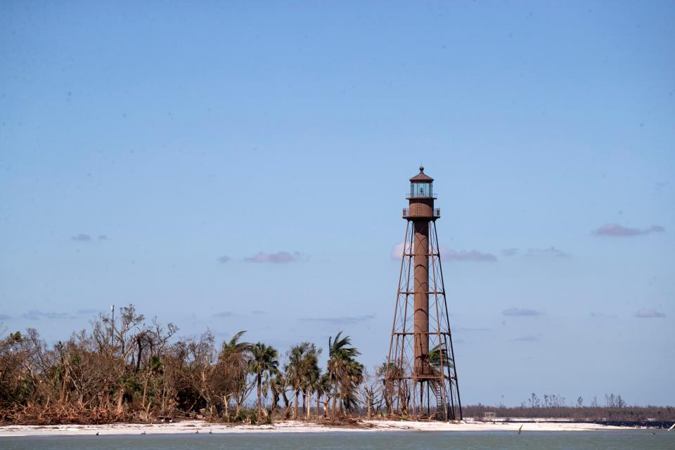 The Sanibel Lighthouse still stands on Friday, Sept. 30, 2022, following Hurricane Ian. The structures under the Sanibel Lighthouse were lost. 