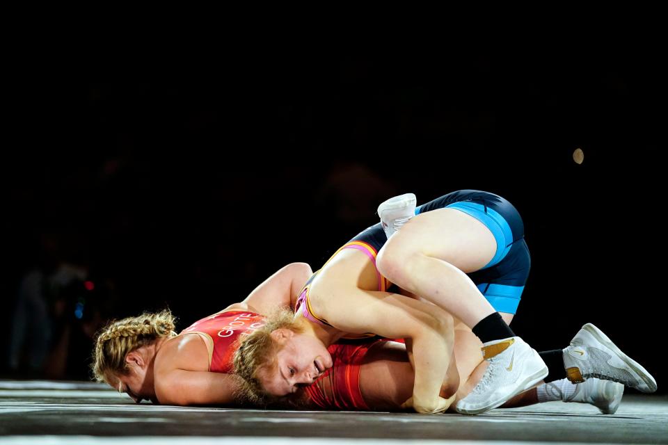 Skylar Grote, left, and Amit Elor wrestle in a 72kg bout in the first round of Final X NYC wrestling at the Hulu Theater at Madison Square Garden on June 8.