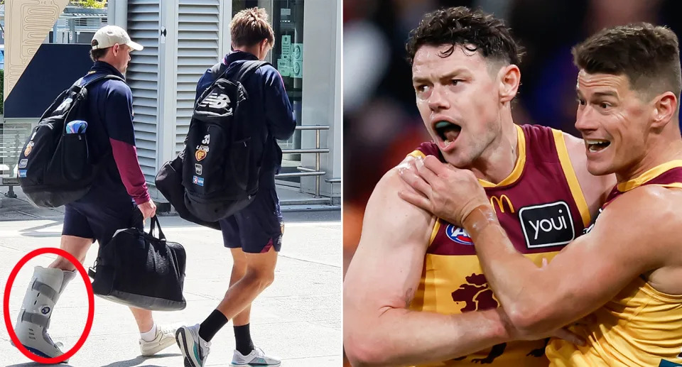 Pictured left is Lachie Neale wearing a moonboot at Brisbane airport on Sunday. 