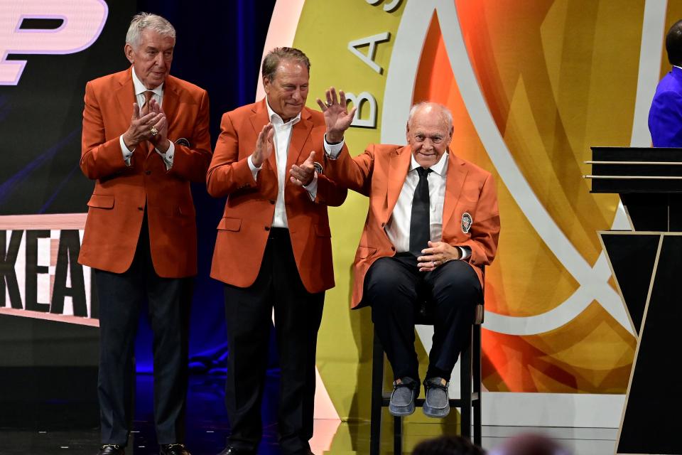 Aug 12, 2023; Springfield, MA, USA; Gene Keady waves as he is inducted into the 2023 Basketball Hall of Fame at Symphony Hall. Mandatory Credit: Eric Canha-USA TODAY Sports