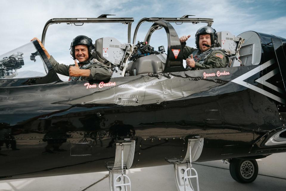 Tom Cruise teaches James Corden how to fly a Top Gun fighter jet during The Late Late Show with James Corden