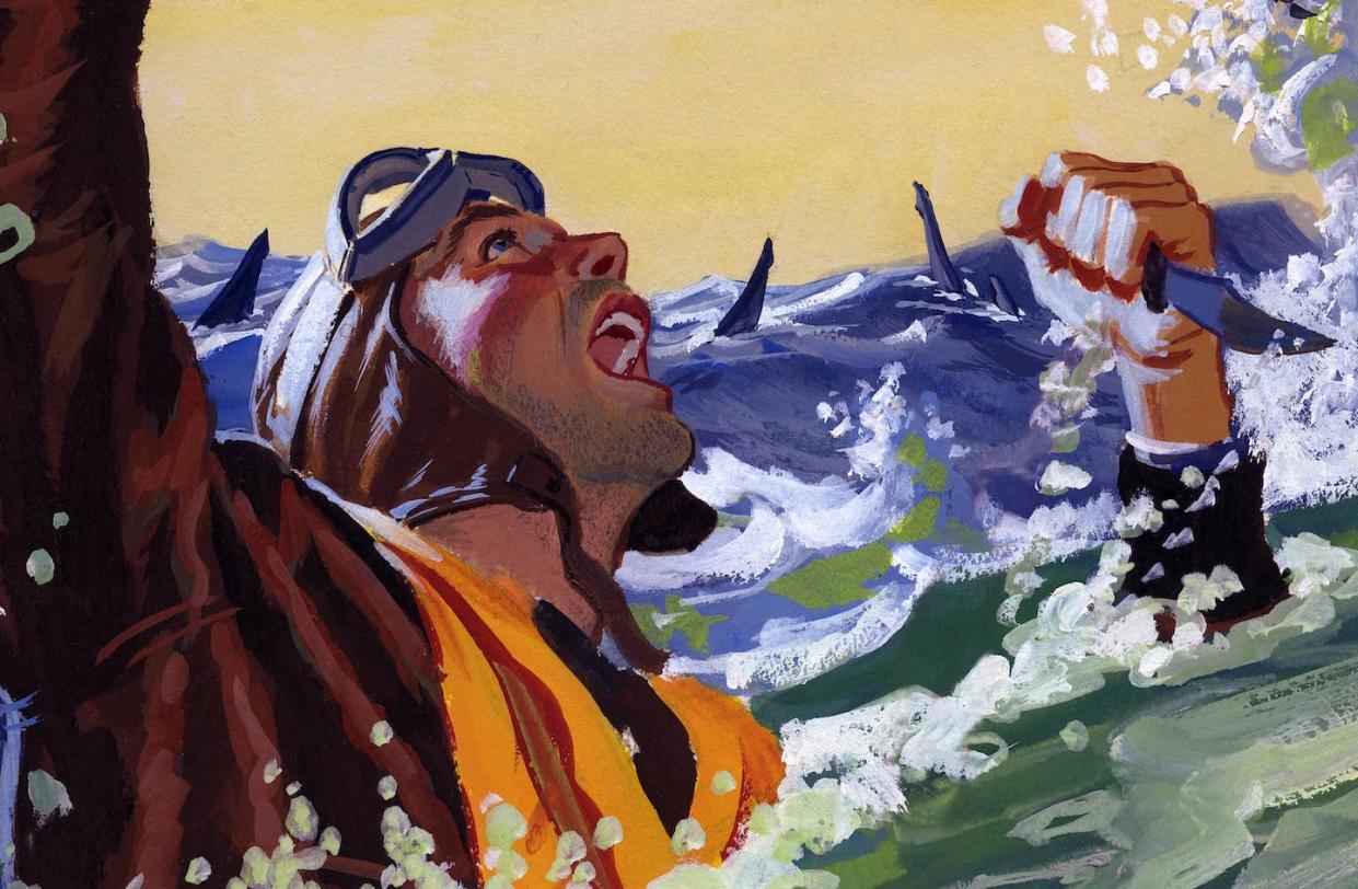 A painting for the U.S. Army's Stars and Stripes newspaper shows a downed pilot fending off sharks with a knife. <a href="https://www.gettyimages.com/detail/news-photo/painting-for-the-us-army-stars-and-stripes-newspaper-shows-news-photo/483235361?adppopup=true" rel="nofollow noopener" target="_blank" data-ylk="slk:Ed Vebell/Getty Images;elm:context_link;itc:0;sec:content-canvas" class="link ">Ed Vebell/Getty Images</a>