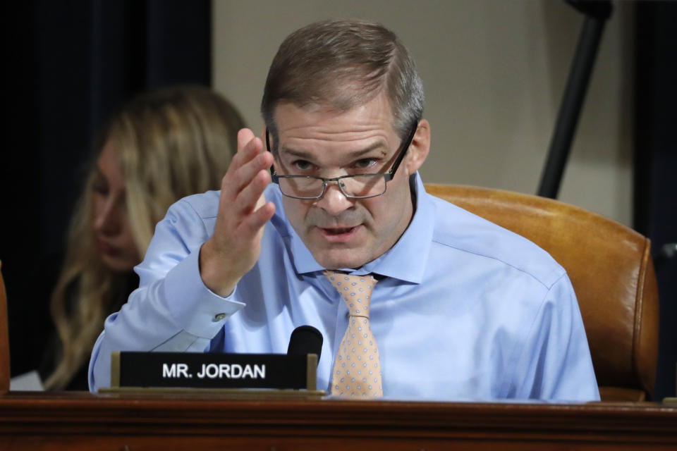 Rep. Jim Jordan, R-Ohio, questions Jennifer Williams, an aide to Vice President Mike Pence, and National Security Council aide Lt. Col. Alexander Vindman, as they testify before the House Intelligence Committee on Capitol Hill in Washington, Tuesday, Nov. 19, 2019, during a public impeachment hearing of President Donald Trump's efforts to tie U.S. aid for Ukraine to investigations of his political opponents. (AP Photo/Jacquelyn Martin, Pool)