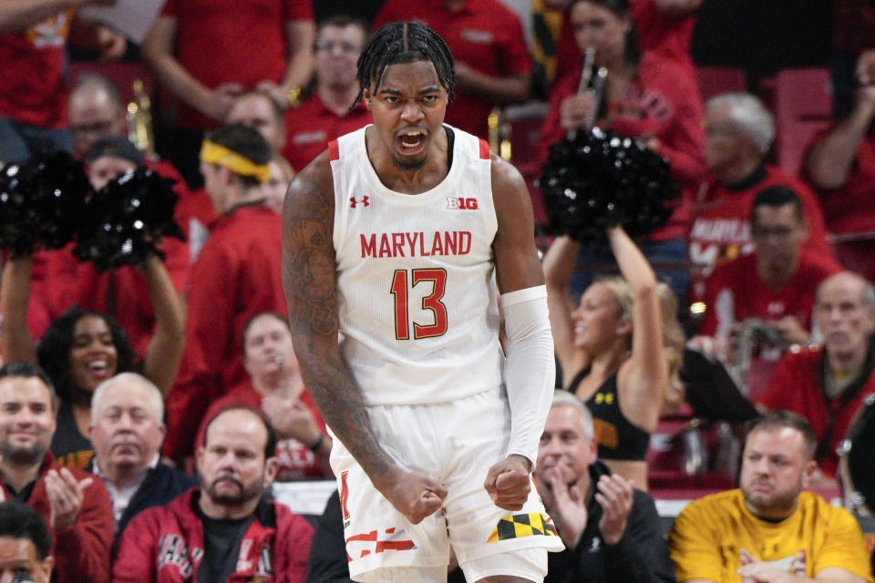 Maryland guard Hakim Hart (13) reacts after scoring against UMBC during the first half of an NCAA college basketball game Thursday, Dec. 29, 2022, in College Park, Md. (AP Photo/Jess Rapfogel)