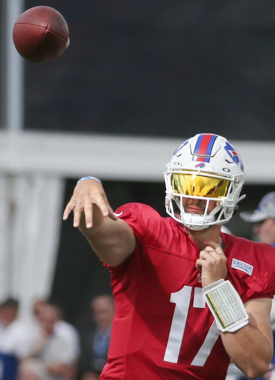 Quarterback Josh Allen airs it out on day six of the Buffalo Bills training camp at St John Fisher University in Rochester Saturday, July 30, 2022. 