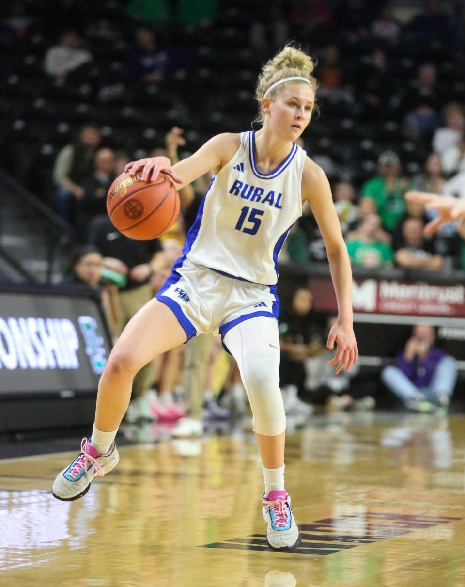 Washburn Rural's Zoe Canfield dribbles the ball against Derby in the Class 6A State Tournament Semifinal in Wichita State's Koch Arena on Friday, March 8.