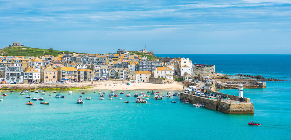 Elevated views of the popular seaside resort of St. Ives, Cornwall, England, United Kingdom, Europe