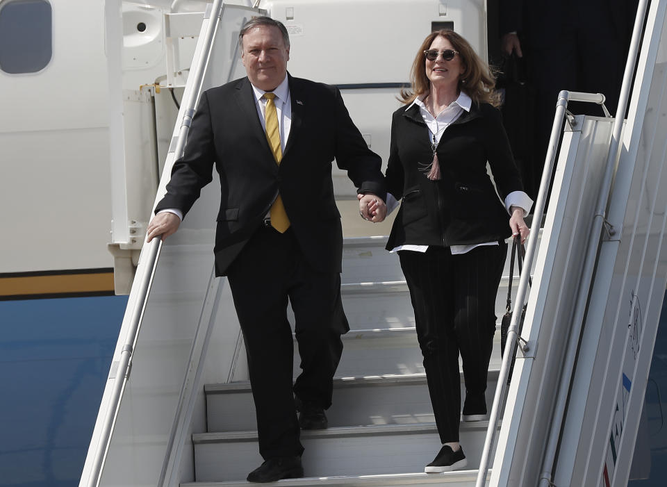 U.S. Secretary of State Mike Pompeo and his wife Suzan exit the plane as they arrive at Rafik Hariri international airport, in Beirut, Lebanon, Friday, March 22, 2019. Pompeo is in Beirut for a two day visit to meet with Lebanese officials. (AP Photo/Hussein Malla)