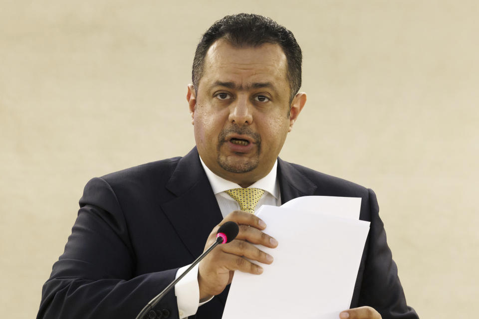 Yemen's Prime minister Maeen Abdulmalik Saeed adresses his statement, during the opening of the High-Level Segment of the 52nd session of the Human Rights Council, at the European headquarters of the United Nations in Geneva, Switzerland, Monday, Feb. 27, 2023. (Salvatore Di Nolfi/Keystone via AP)