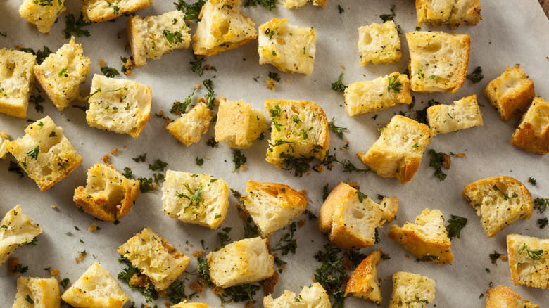 homemade croutons on a tray