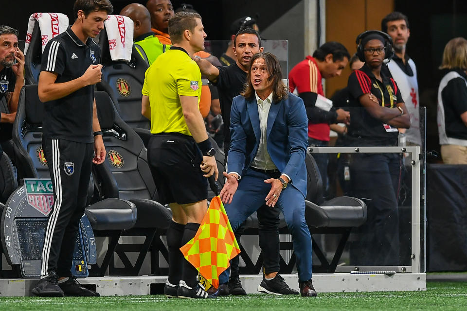 ATLANTA, GA  SEPTEMBER 21:  San Jose head coach Matias Almeyda reacts after Cristian Espinoza was issued a red card during the MLS match between the San Jose Earthquakes and Atlanta United FC on September 21st, 2019 at Mercedes-Benz Stadium in Atlanta, GA.  (Photo by Rich von Biberstein/Icon Sportswire via Getty Images)