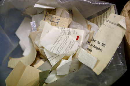 Shredded documents of the former East German Ministry for State Security (MfS), known as the Stasi, are pictured at the central archives office in Berlin, Germany, March 12, 2019. REUTERS/Fabrizio Bensch