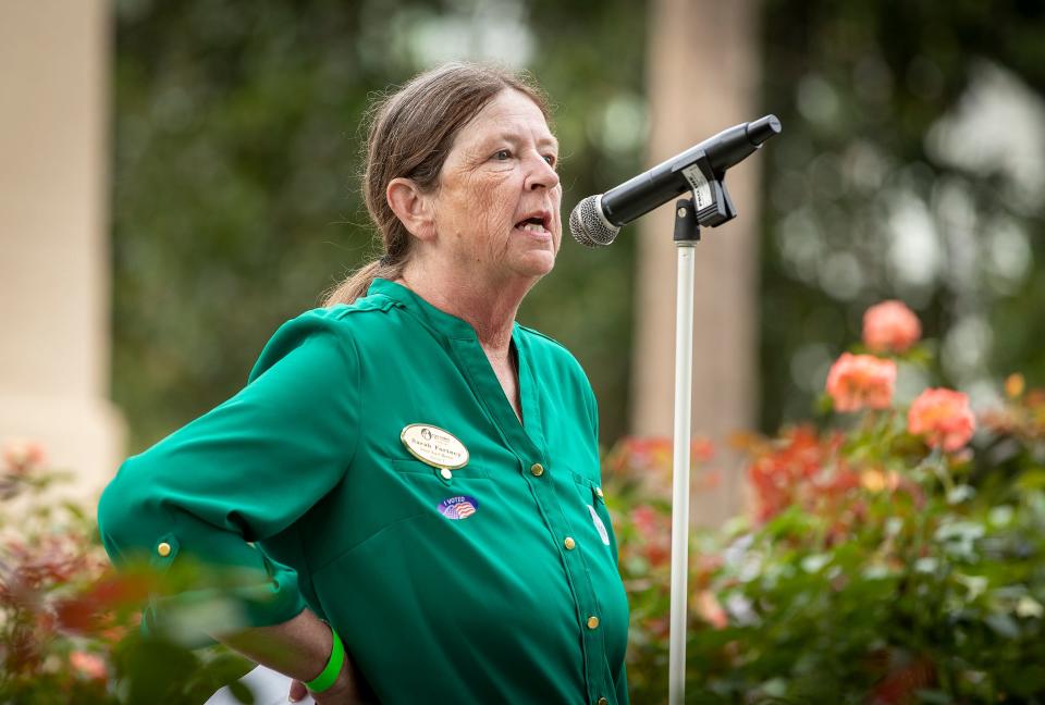 Sarah Fortney speaks during the recent Politics In The Park event in Lakeland. Fortney, seeking a second term, was challenged by Rick Nolte, who campaigned on an endorsement from Florida Gov. Ron DeSantis.