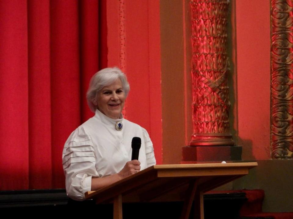 Sue Hannegan, president of Roland Curtin Foundation board, speaks Thursday at the Rowland Theatre in Philipsburg about the 2022-23 tourism grants.