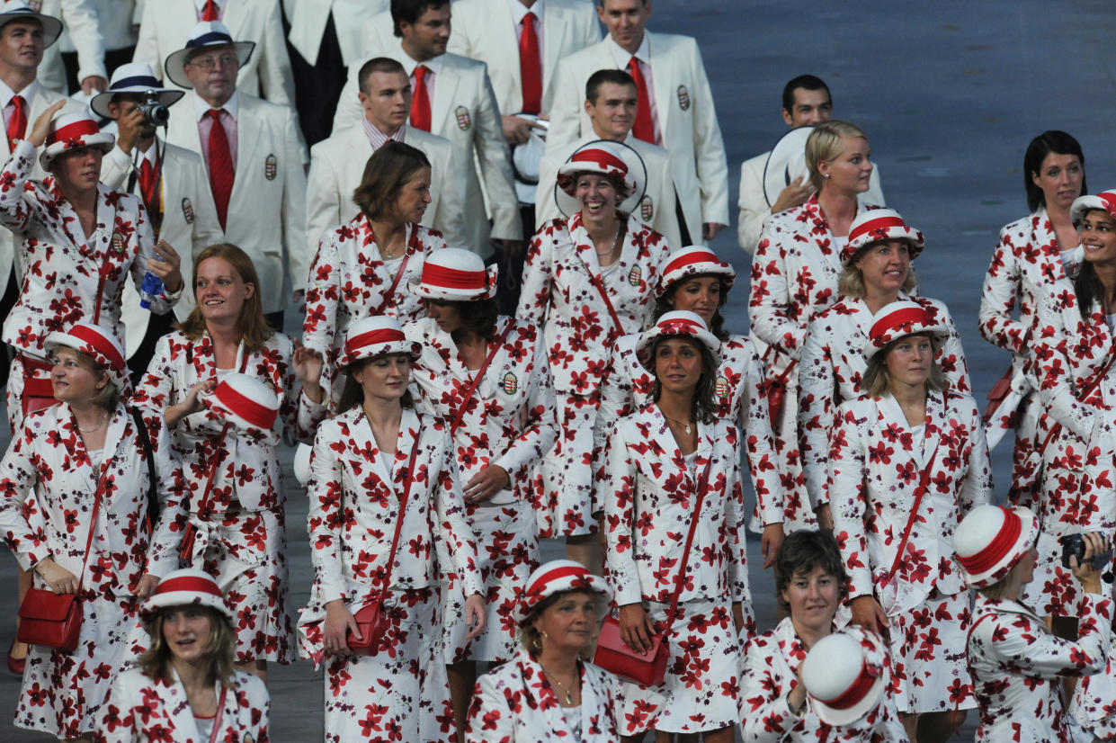 Hungary's delegation parades during the 2008 Beijing Olympic Games opening ceremony on August 8, 2008 at the National Stadium in Beijing.  Over 10,000 athletes from some 200 countries are going to compete in 38 differents disciplines during the event, between August 9 to 24.   AFP PHOTO / WILLIAM WEST (Photo credit should read WILLIAM WEST/AFP via Getty Images)