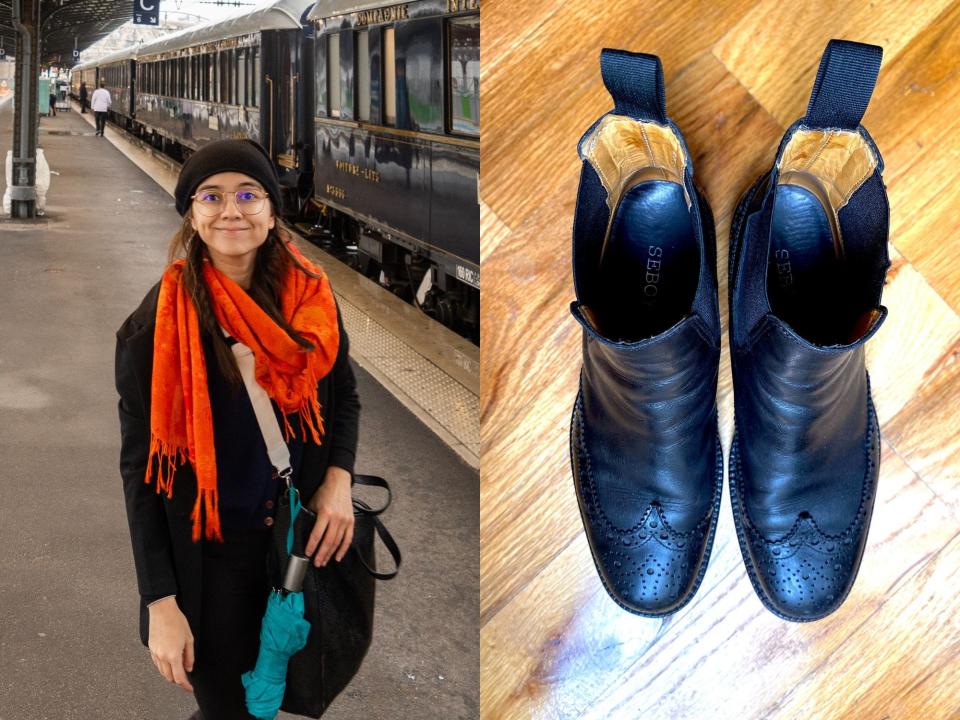 Left: The author stands on a platform in front of a navy blue train Right: Black, wing-tipped Chelsea boots on a wood floor.