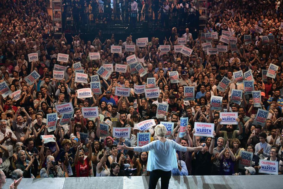 2020 Democratic Presidential hopeful Senator Elizabeth Warren hosts a town hall at the Shrine Auditorium in Los Angeles, California on August 21, 2019.