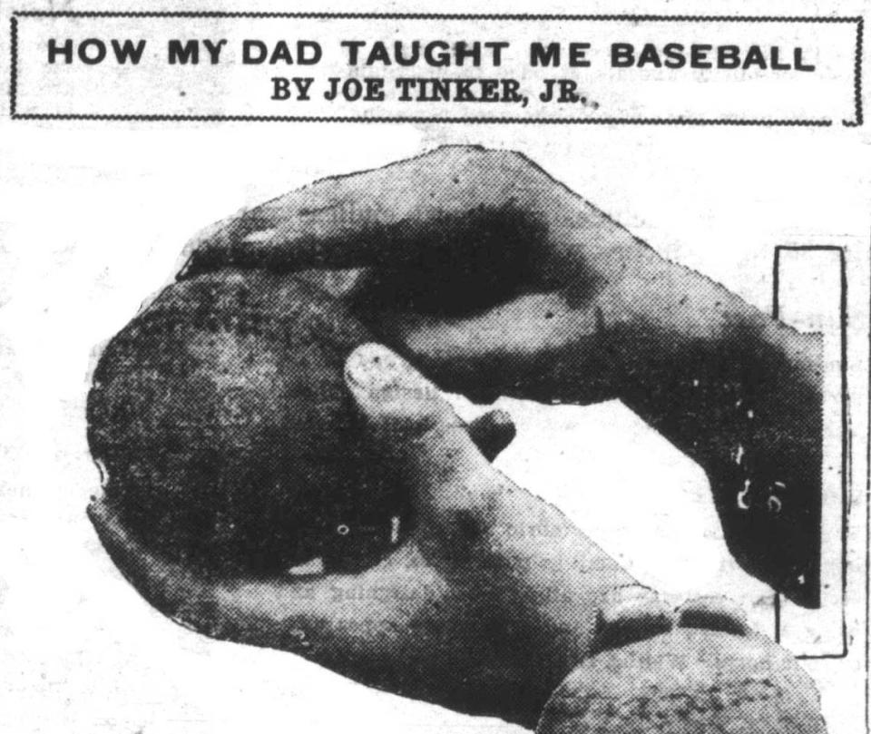 Moisten the plain surface on top of the ball (Top Fig.). You must get a lot of speed on this one. Eleventh of a series of photos, posed especially by Joe Tinker, Jr., for The Daily Telegram, on how to play baseball.