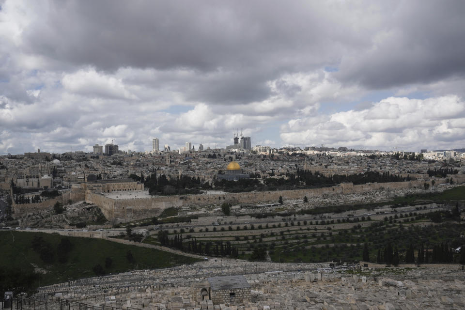 A view of Jerusalem's Old City with the Dome of the Rock in the Al-Aqsa Mosque compound, Friday, March 8, 2024. Restrictions put in place amid the Israel-Hamas war have left many Palestinians concerned they might not be able to pray at the mosque, which is revered by Muslims. (AP Photo/Mahmoud Illean)