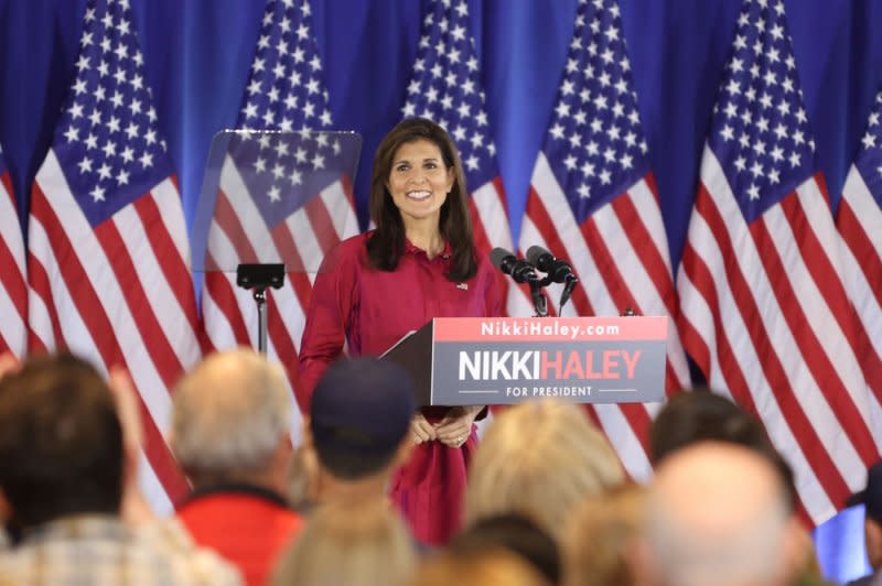 Former South Carolina Governor and Republican presidential candidate Nikki Haley campaigns during a Caucus night watch party in West Des Moines, Iowa, on Monday. Photo by Alex Wroblewski/UPI