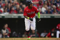 Cleveland Guardians' Jose Ramirez watches his RBI-single during the third inning of a baseball game against the St. Louis Cardinals, Saturday, May 27, 2023, in Cleveland. Steven Kwan scored on the play. (AP Photo/David Dermer)