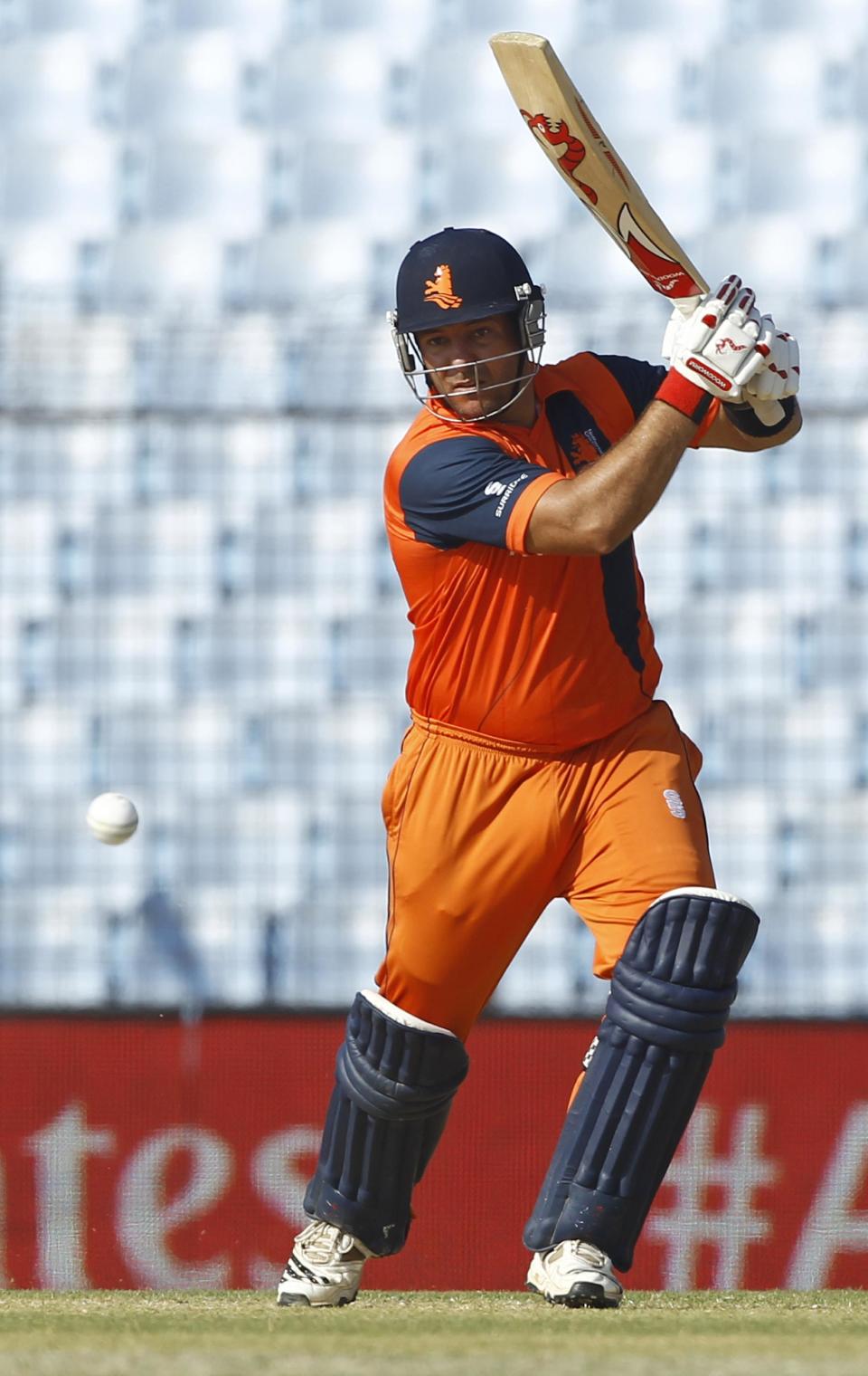 Netherlands Michael Swart plays a shot during their ICC Twenty20 Cricket World Cup match against New Zealand in Chittagong, Bangladesh, Saturday, March 29, 2014. (AP Photo/A.M. Ahad)