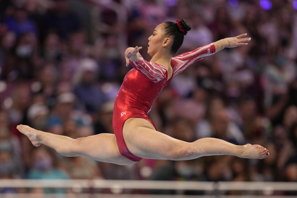 FILE - Kara Eaker competes in the floor exercise during the women's U.S. Olympic Gymnastics Trials in St. Louis, in this Friday, June 25, 2021, file photo. Eaker, an alternate on the United States women's gymnastics team, has tested positive for COVID-19 in an Olympic training camp in Japan. Al Fong, the personal coach for both Eaker and fellow Olympic alternate Leanne Wong, confirmed the positive test in an email to The Associated Press on Monday, July 19, 2021. (AP Photo/Jeff Roberson, File)